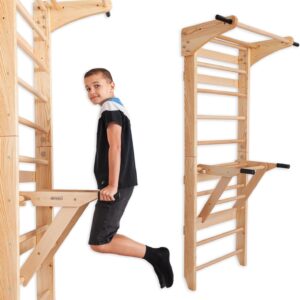 Swedish Ladder Wall Bars with Pull-Up Bar & Dip Station – Wooden Stall Bars, Multifunctional Home Gym Wall Ladder for Strength Training & Stretching