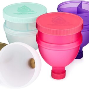 Hydra Cup [4 Pack Funnels for Filling Water Bottles with Protein Powder, 3 Compartment Pill Storage, Supplement Container Set to Go or Kitchen Use, Keychain for Shaker Cup