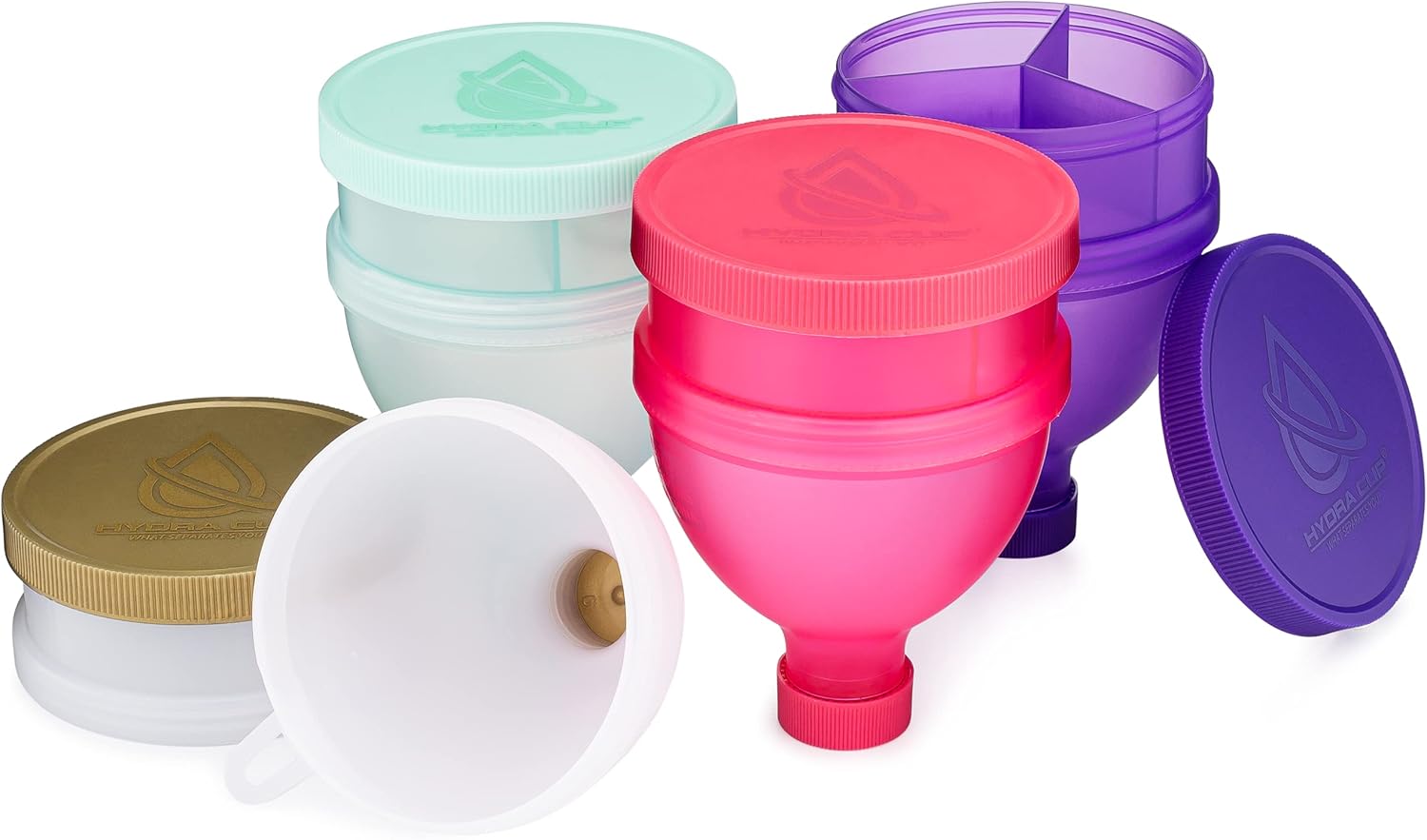 Hydra Cup [4 Pack Funnels for Filling Water Bottles with Protein Powder, 3 Compartment Pill Storage, Supplement Container Set to Go or Kitchen Use, Keychain for Shaker Cup - Image 2