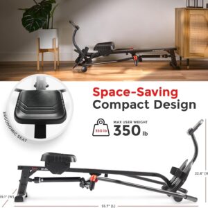 Sunny Health & Fitness Compact Full-Motion Rowing Machine w/Adjustable Resistance, Low-Impact Full-Body Workout Rower w/Long Slide Rail, Space-Saving Design, Optional Free SunnyFit App Connection