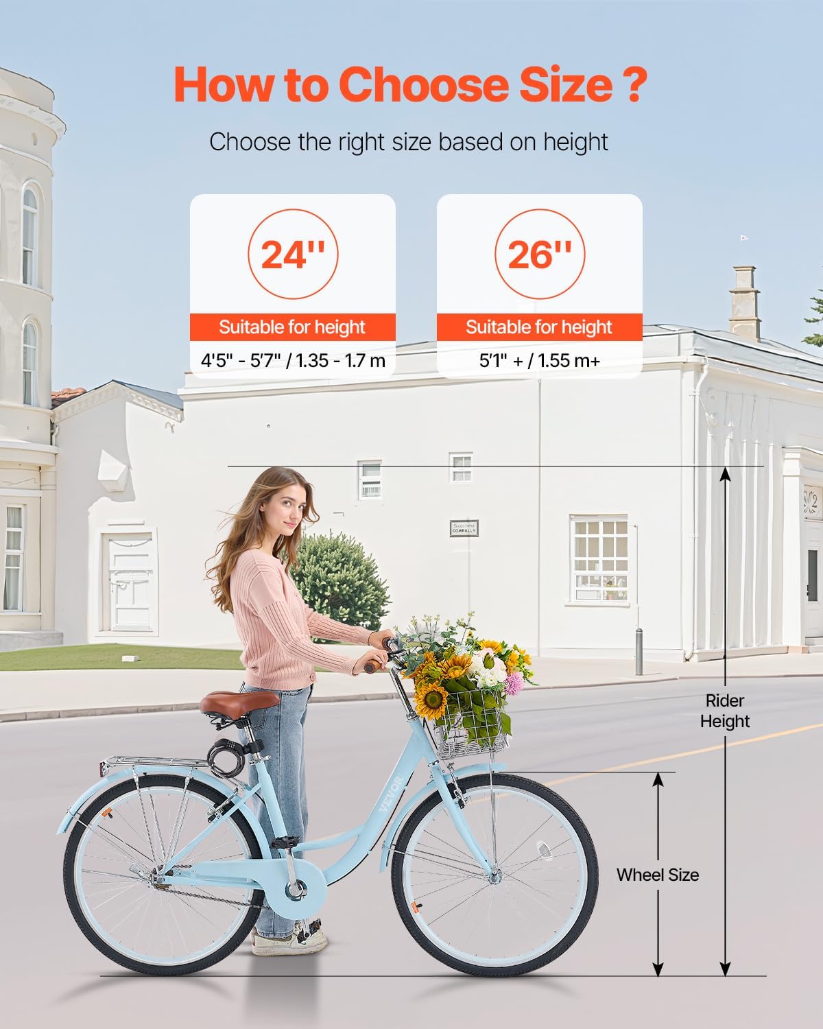 VEVOR Women Bike, 7-Speed and 1-Speed, 24-26 Inch Pink and Light Blue Beach Cruiser Bike, with Large Capacity Basket and Rear Rack, Adjustable Seat, Fits for Cycling, Exercise & Shopping - Image 3