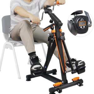 Pedal Exerciser with Arm Rope Pull Exercise & Foot Massage – 15″W×19“D×37”H Floor Peddler Exerciser for Elderly, Leg Swing Exercise, Metal Stroke Recovery Pedal Exercise Equipment, with Digital Display, Black