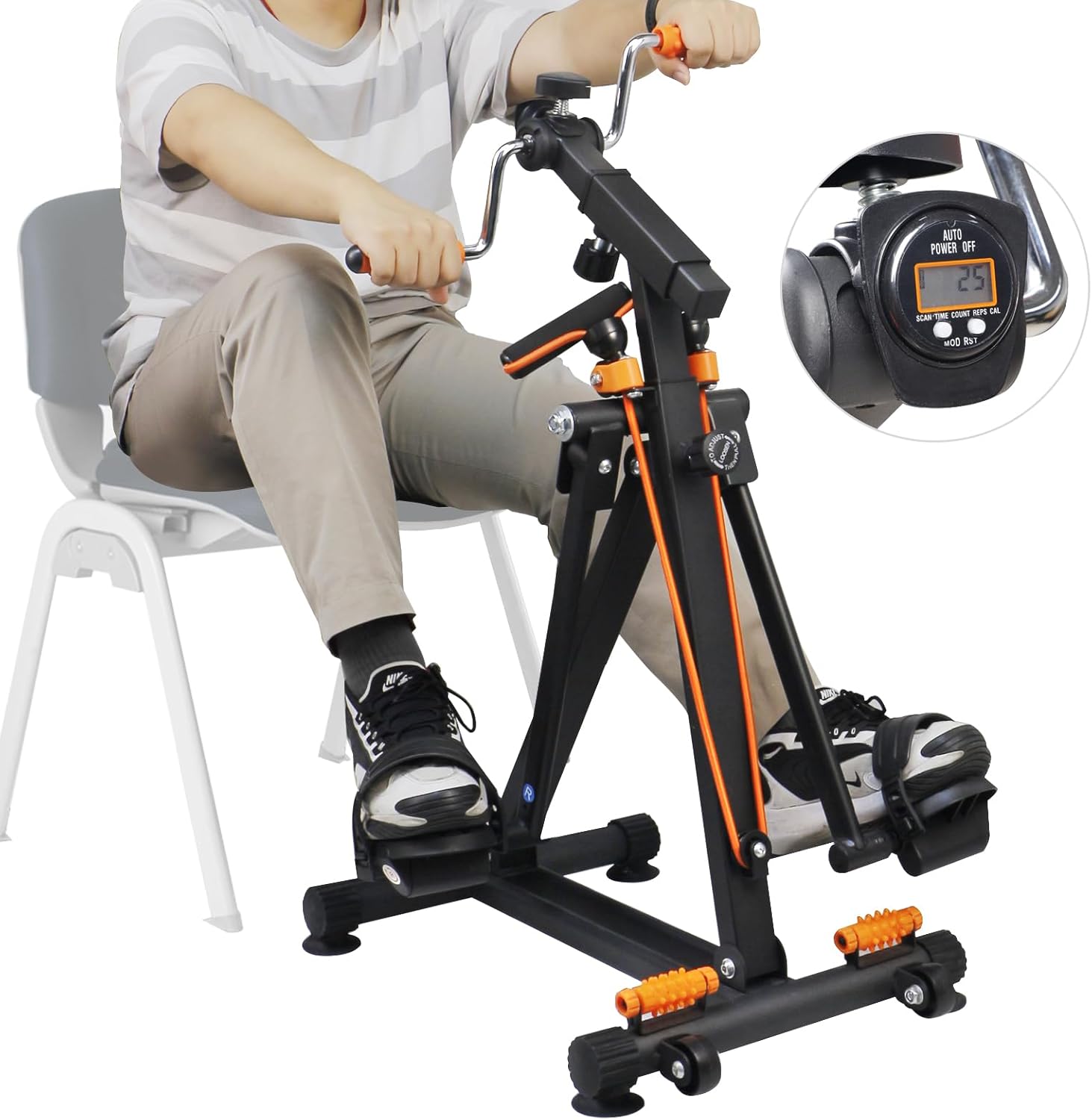 Pedal Exerciser with Arm Rope Pull Exercise & Foot Massage - 15"Wร19โDร37โH Floor Peddler Exerciser for Elderly, Leg Swing Exercise, Metal Stroke Recovery Pedal Exercise Equipment, with Digital Display, Black
