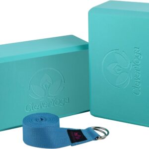 Clever Yoga Blocks & Strap – Lighweight Foam Yoga Blocks 2 Pack with 8ft Cotton Yoga Strap Set Kit for Beginners & Pros, Accessories & Equipment for Women & Men
