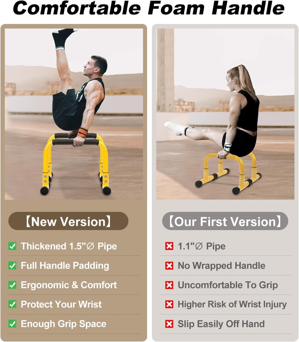 TABEKE Push Up Bar, 14'' High Steel Parallettes & Dip Bar with Full Coverage Foam Handle, Heavy-Duty Calisthenics Parallel Bars for L-Sit, Dips, Home Gym Strength Training Workout - Image 5