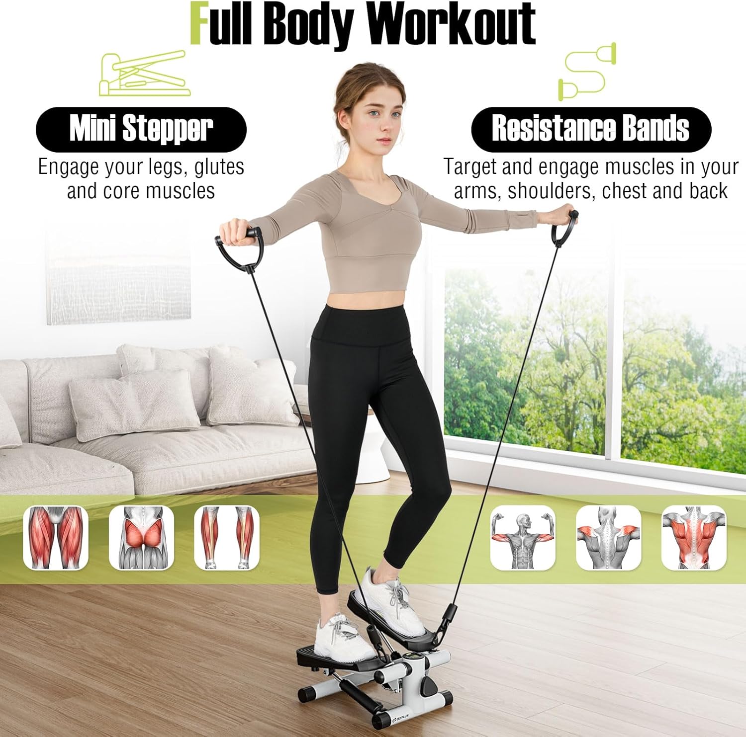 Goplus Steppers for Exercise at Home, Intensity Adjustable Hydraulic Mini Stepper w/Resistance Bands & LCD Monitor, Quiet & Portable Small Cardio Exercise Machine for Home Office or Under Desk - Image 2