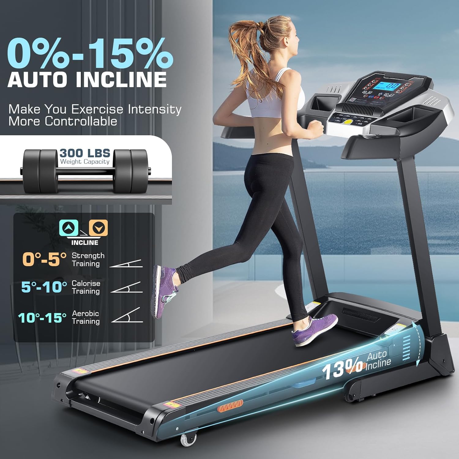 Treadmill with 15% Auto Incline, FUNMILY 3.25HP Heavy Duty Treadmill for Home, 300 lb Weight Capacity Folding Running Machine, Smart App Control/Shock Absorption/Bluetooth Speaker/Large LED Display - Image 3
