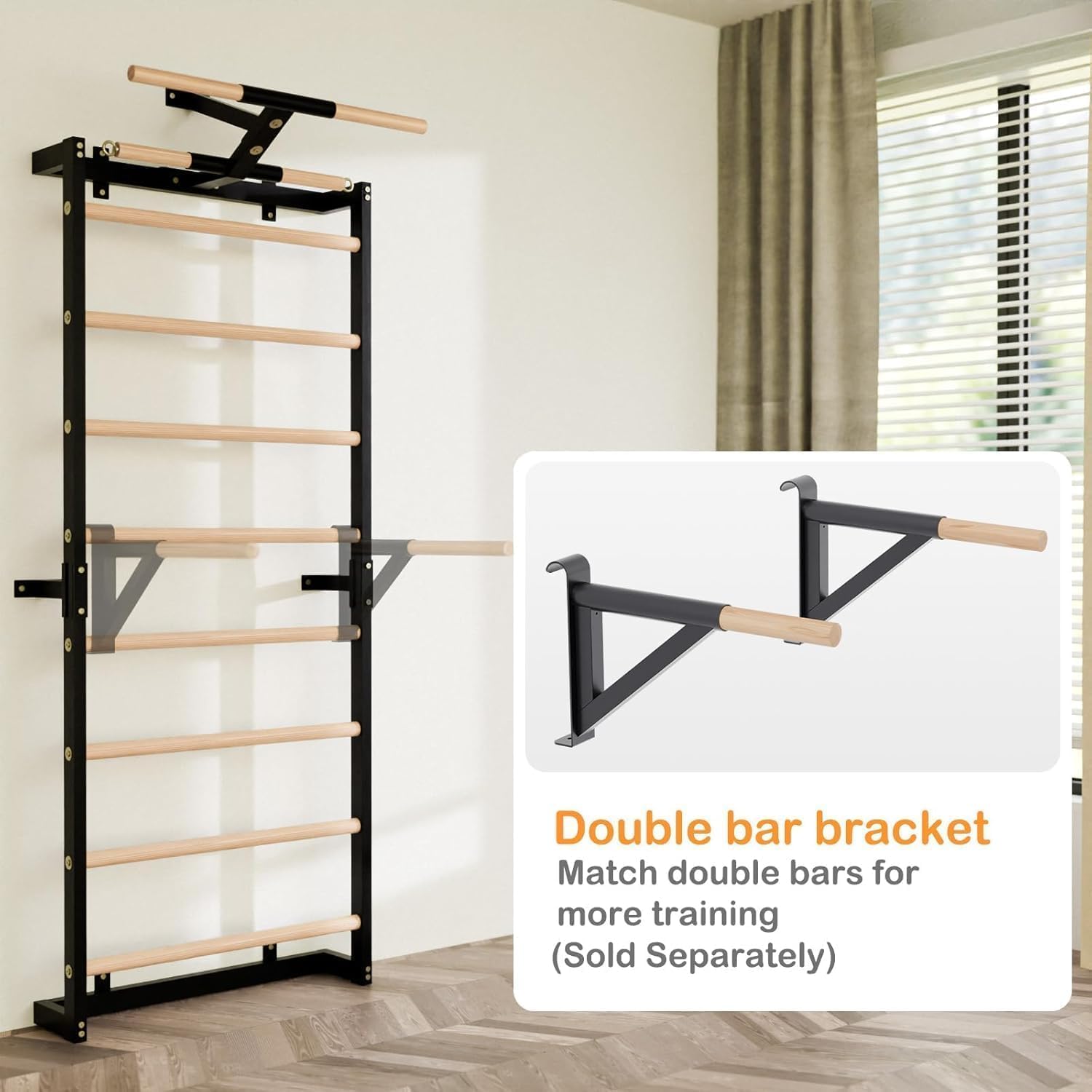 Swedish Ladder, Wood Stall Bars Suspension Trainer with Pull-Up Bar & Rings for Straps, Swedish ladders Wall Gym Adult, Wall-Mounted Workout Ladder for Home, Gym, School - Image 5