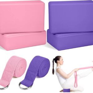 Jexine 6 Pcs Yoga Block and Strap Set 4 Pcs 9 x 6 x 3 Inches EVA Foam Pilates Block 2 Pcs Cotton Yoga Strap for Beginners Experienced Pilates Fitness Stretching