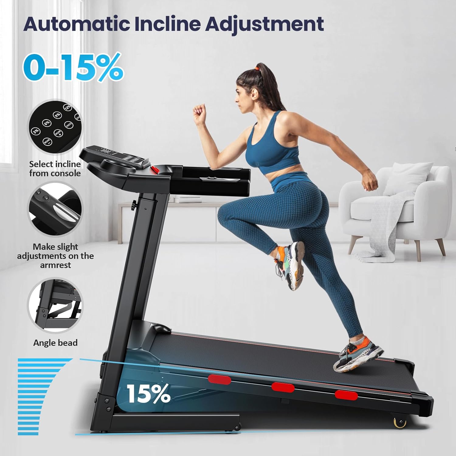 3.5 HP Treadmill with Auto Incline for Home - Heavy Duty Running Treadmill with Handle Bars, Speaker, 300 lb Weight Capacity - Image 5