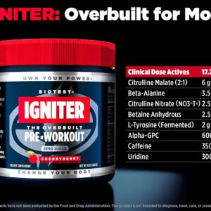 Biotest Igniter – The Overbuilt Pre-Workout, 20 Servings – 8.5g Citrulline Malate/Nitrate, 3.5g Beta-Alanine, 2.5g Betaine, 2g Tyrosine, 600mg Alpha-GPC, 300mg Uridine, 350mg Caffeine – CherryBerry