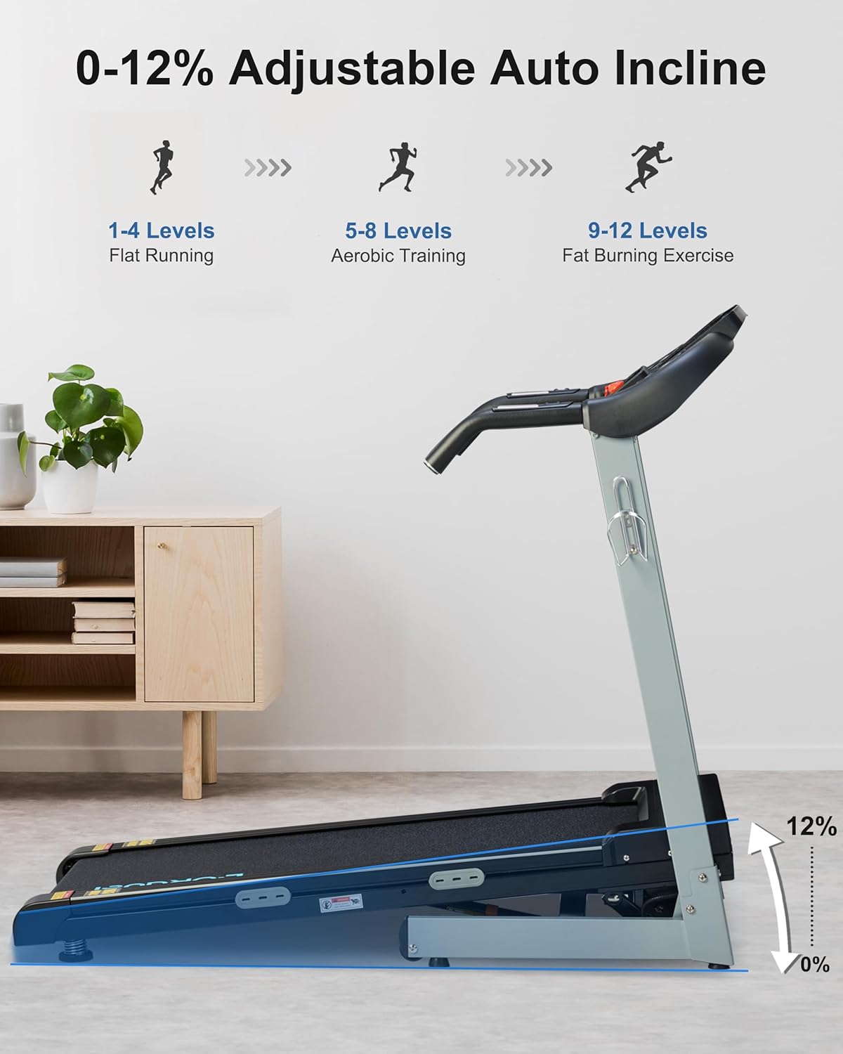 Treadmill with Auto Incline - 300 lb Capacity, 3.0HP Folding Electric Treadmill Up to 8.5 MPH Speed, Running Machine with 17.5" Wide Tread Belt and Bluetooth Speaker for Home Use - Image 5