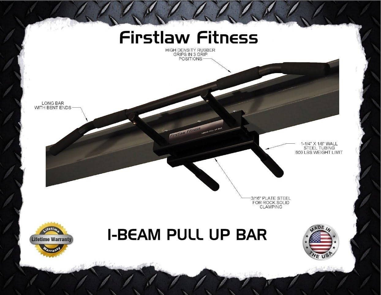Firstlaw Fitness - 600 LBS Weight Limit - I-Beam Pull Up Bar - Long Bar with Bent Ends - Durable Rubber Grips - Black Label - Made in The USA! - Image 5