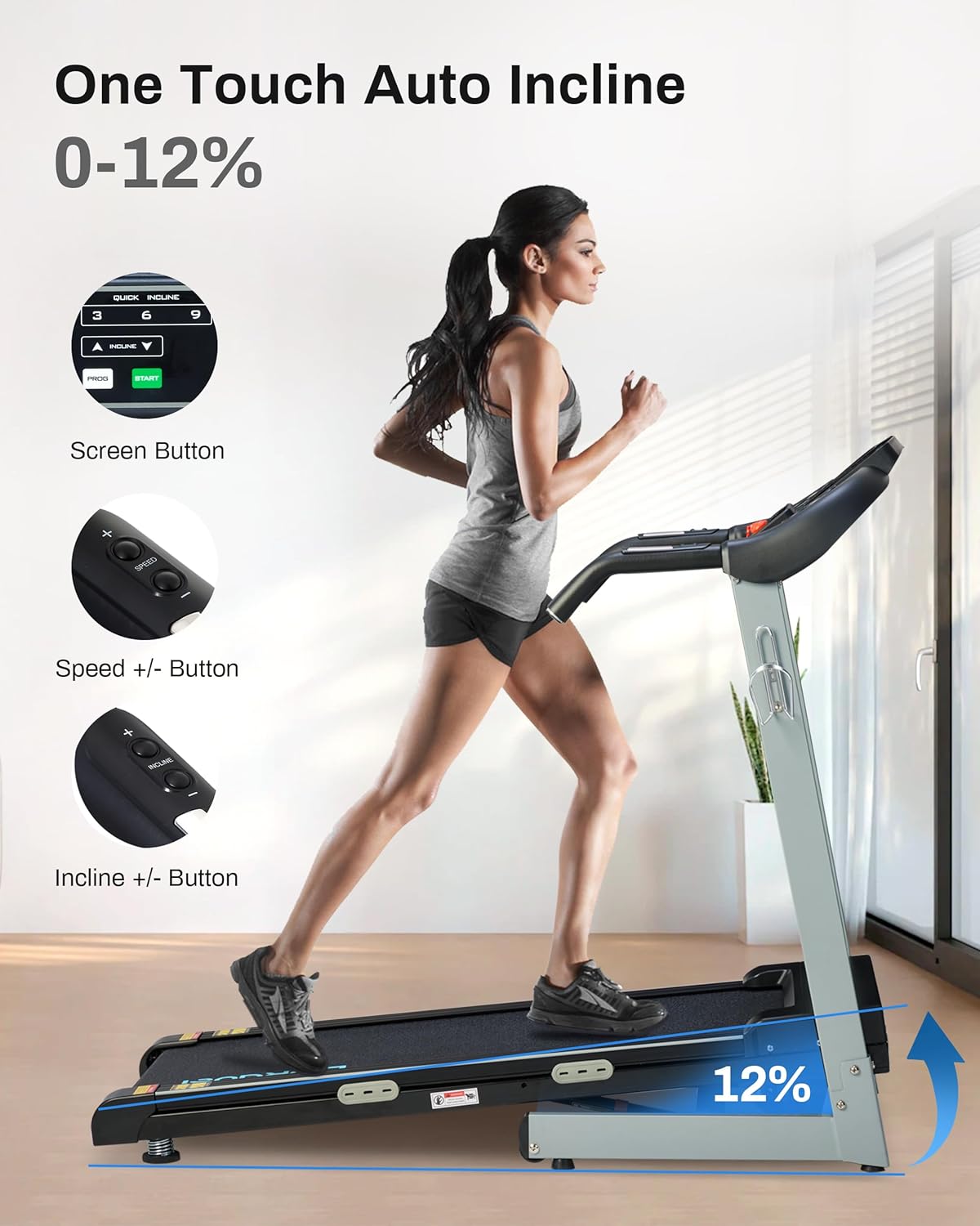 Auto Incline Treadmill with 300 LBS Capacity, 17.5" Wide 3 HP Folding Electric Treadmill Max 8.5 MPH Speed, Running Machine with Bluetooth Speaker & LCD Display for Home Use - Image 4