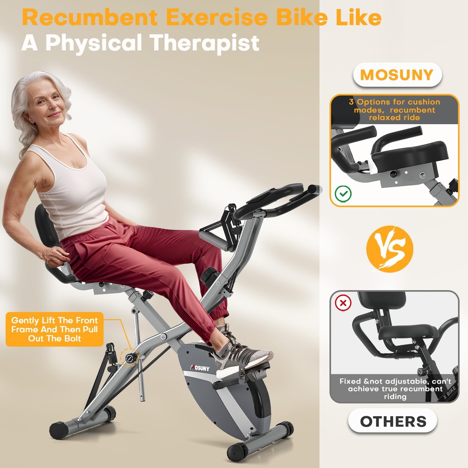 Exercise Bike, MOSUNY 5-in-1 Stationary Bike With 10DB Super-Silent, Folding Exercise Bike with 16-Level Adjustable Magnetic Resistance, 350 LBS Indoor Cycling Bike For Home Workout - Image 3