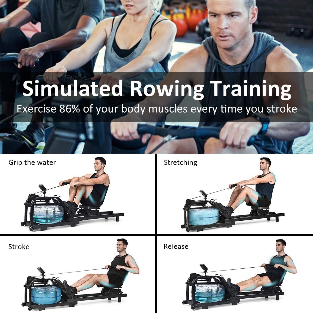 GYMAX Water Rowing Machine, Water Rower with Adjustable Resistance & LCD Display, Easy-Transportation Rower for Whole Body Exercise Cardio Training - Image 4