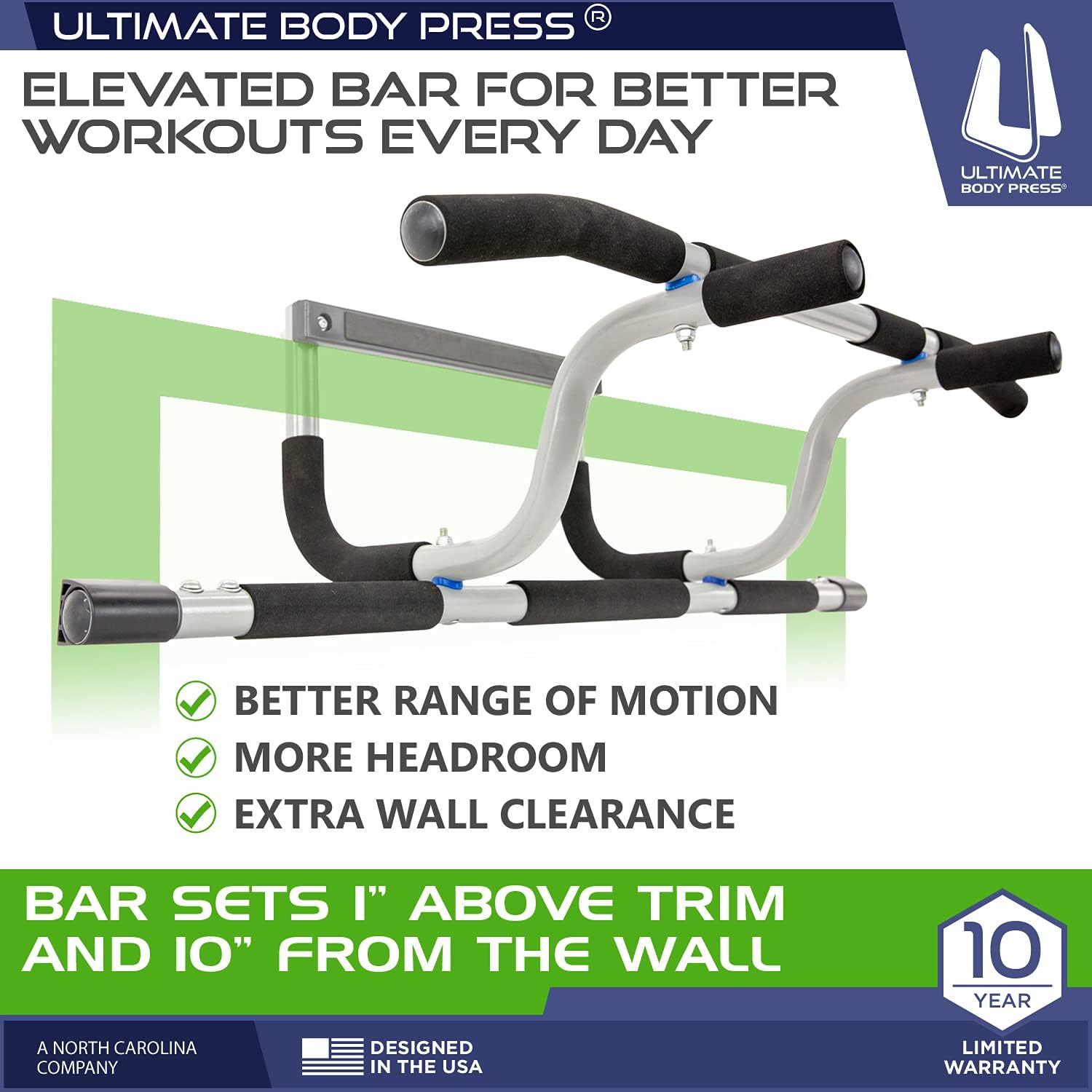 Ultimate Body Press XL Doorway Pull Up Bar with Elevated Bar & Adjustable Width - Image 2