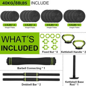 Adjustable Dumbbell and Kettlebell Set, 4 in 1, 44lbs/66lbs/88lbs Weight Used as Kettlebells, Barbell, Push up Stand for Home Gym, Green and Black, Round Head