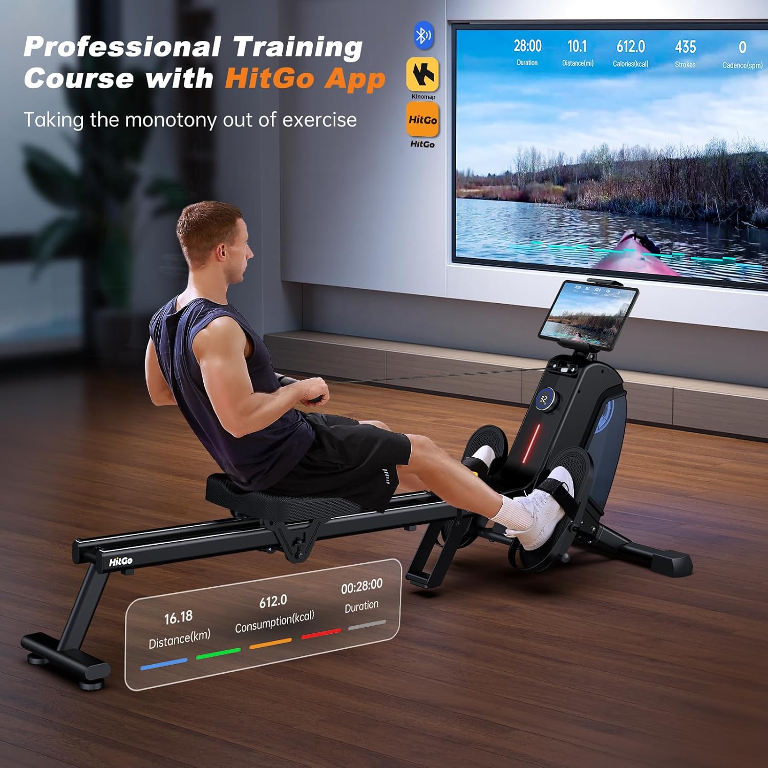 Magnetic Rowing Machine for Home Use, Foldable Rower with 32 Levels of Silent Resistance, LED Light Effects, Compact Dual Slide Rail, Max 350lb Capacity, Bluetooth & App Compatible - Image 4