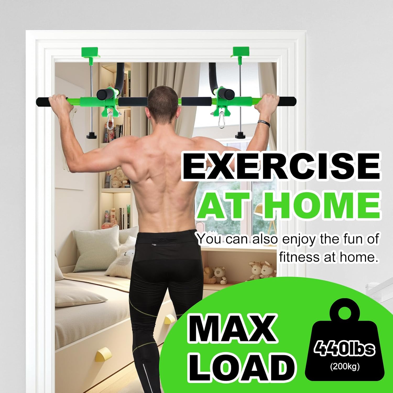 Doorway Swing for Kids & Door Pull Up Bar for Adults - Indoor Kid Swing with 4pcs Accessories - Multi-Function Doorway Gym for Family Fitness & Play (Green) - Image 5