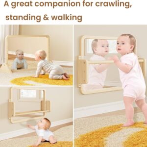 3-in-1 Montessori Mirror with Bar, Adjustable Toddler Mirror & Pull Up Bar, Montessori Learning Toy for Baby 6-18 Months, Nursery Mirrors, Natural Wood Furniture for Daycare, Kids Classroom
