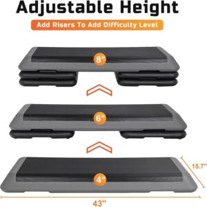 ZENY 43” Exercise Aerobic Step Platform, Adjustable Fitness Stepper with 4 Stackable Risers, Aerobics Stepper Workout Stepper for Home Gym Cardio Strength & Training