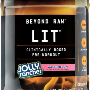 Beyond Raw LIT PreWorkout Powder Supplement For Men and Women, Energy, Focus, Endurance, Pumps, Nitric Oxide Boost, 250mg Caffeine, Creatine, Beta Alanine, Jolly Rancher Watermelon, 30 Servings
