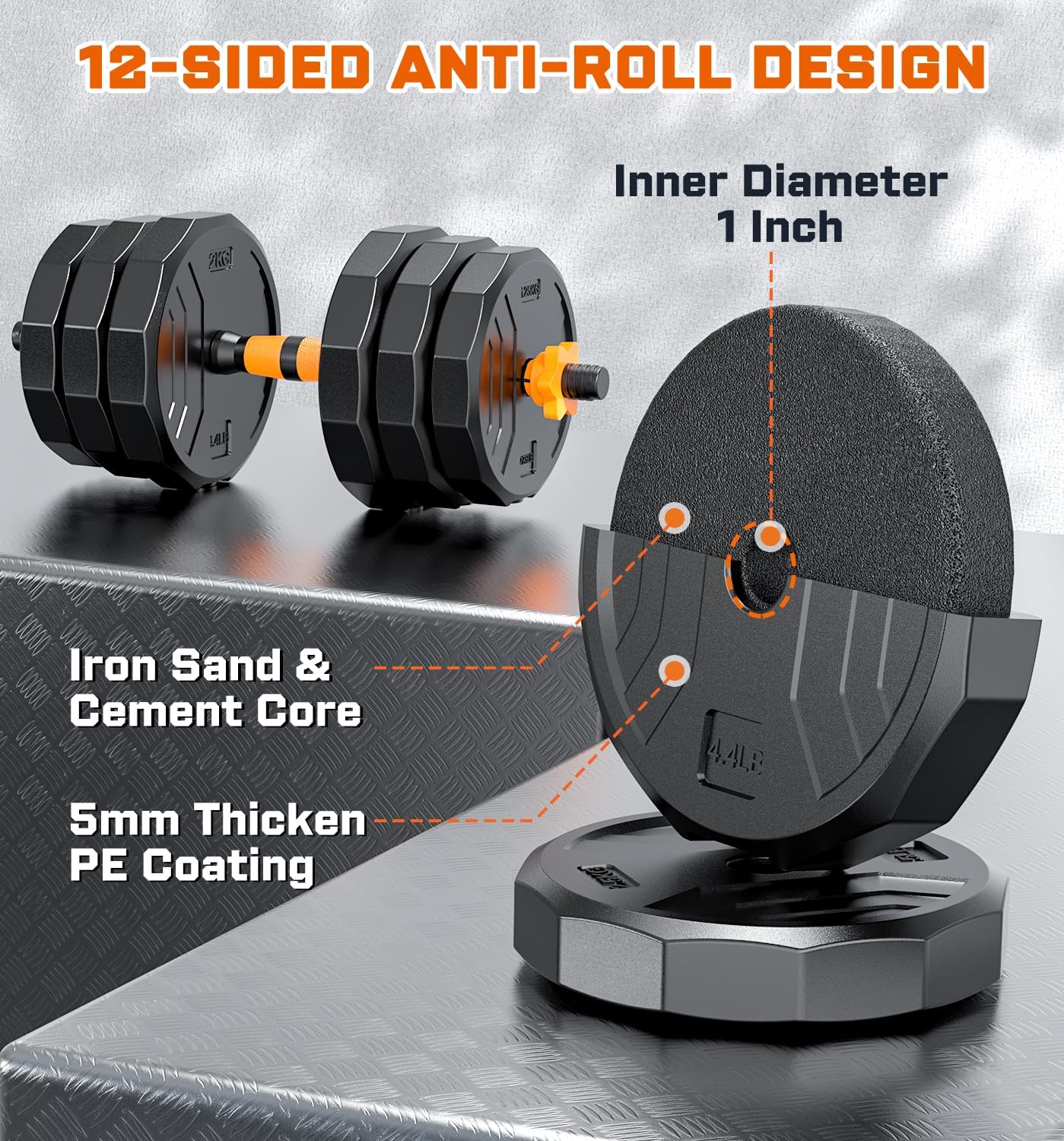 5-in-1 Adjustable Dumbbell Set, 33/44/66/88lbs Free Weights Set with Connector, Used as Kettlebells, Barbell, Push up Stand, Standard 1" Plates, Fitness Exercises for Home Gym Suitable Women/Men - Image 3