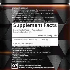 NatureBell Creatine Monohydrate Powder 500g, 5,000mg Per Serving | Micronized, Pure & Unflavored | Pre-Workout Muscle Support | Keto, Vegan, Filler-Free | 100 Servings (1.1 lb)