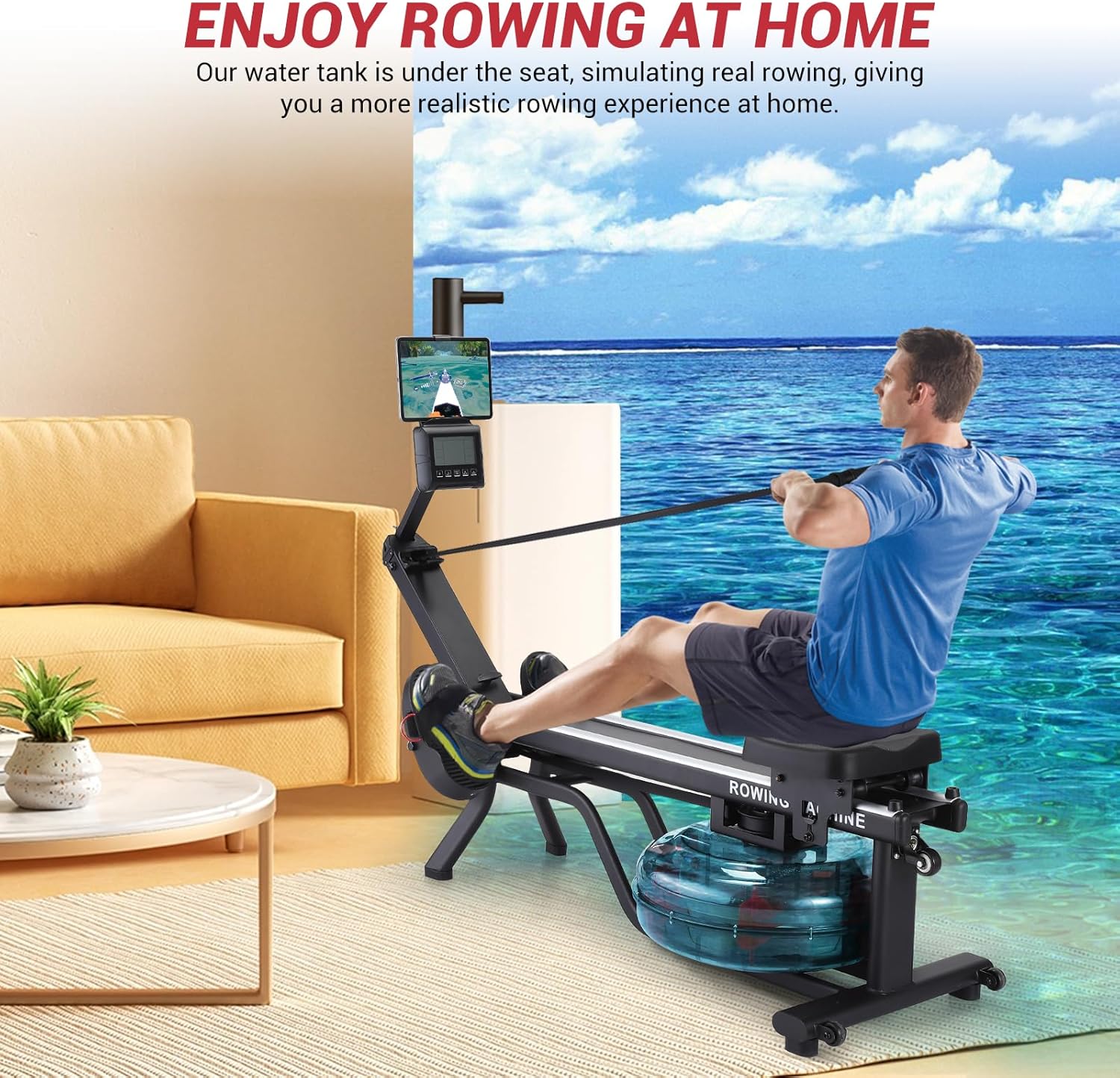 Water Rowing Machines for Home Use, Foldable Rower Machine with Digital Monitor, Wide Ergonomic Seating and Tablet Holder, App Compatible - Image 3