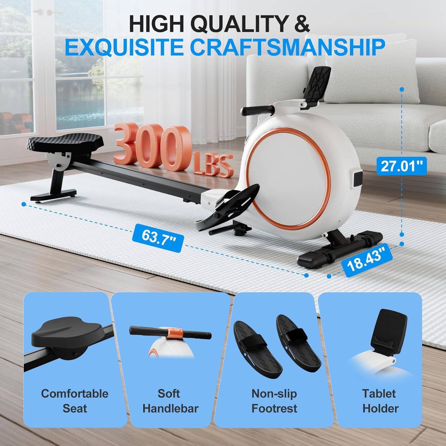 Rowing Machine, Magnetic Rowing Machines for Home with 300lb Weight Capacity, 32-Levels Quiet Adjustable Resistance, Compact Rower Machine with Tablet Holder, Bluetooth&App Compatible - Image 2