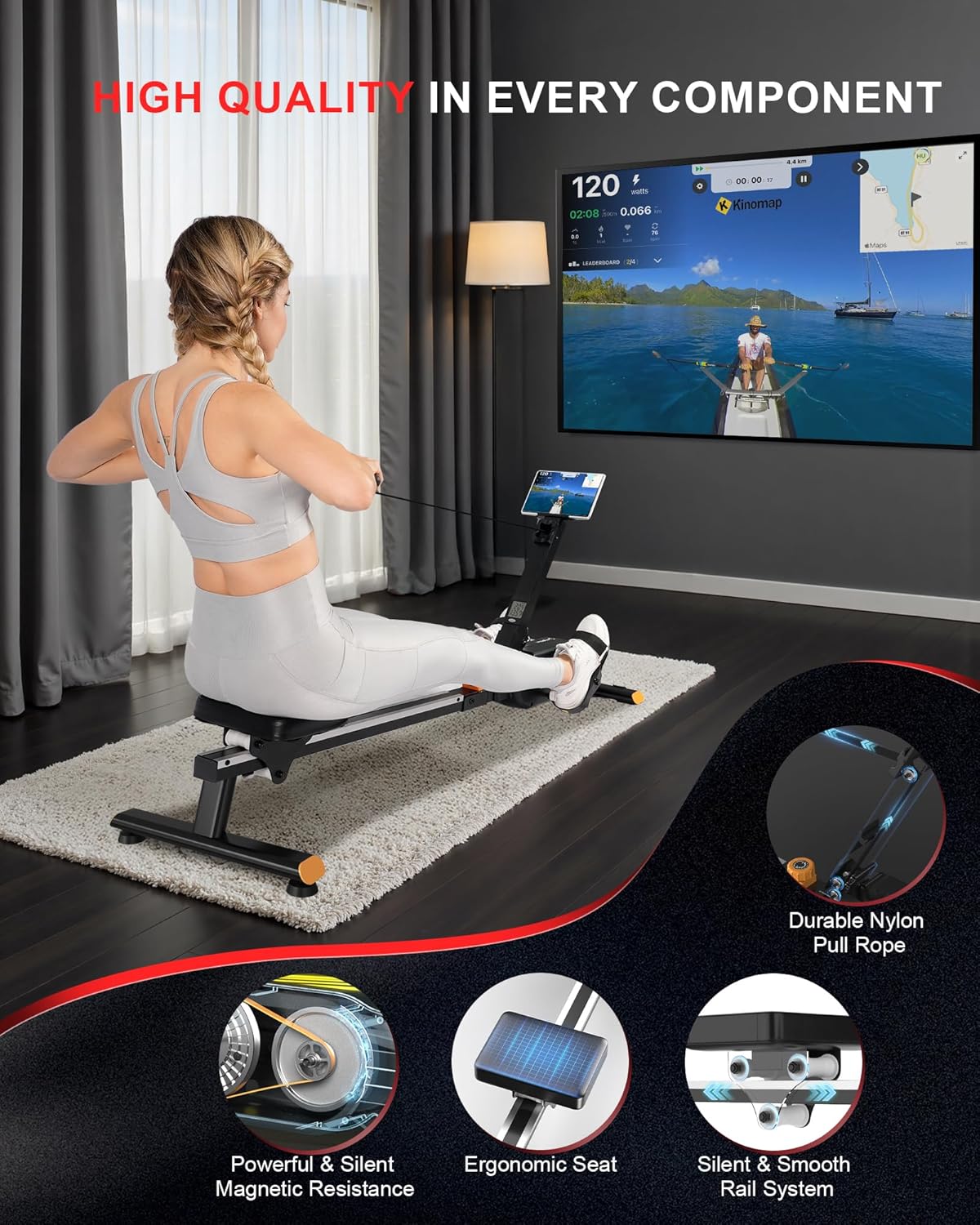 Magnetic Rowing Machines for Home, Rower Machine with 16 Levels Powerful Silent Magnetic Resistance, 350lbs Weight Capacity, LCD Monitor, Silent Rail System, Compact Row Machine for Home Gym Exercise - Image 5
