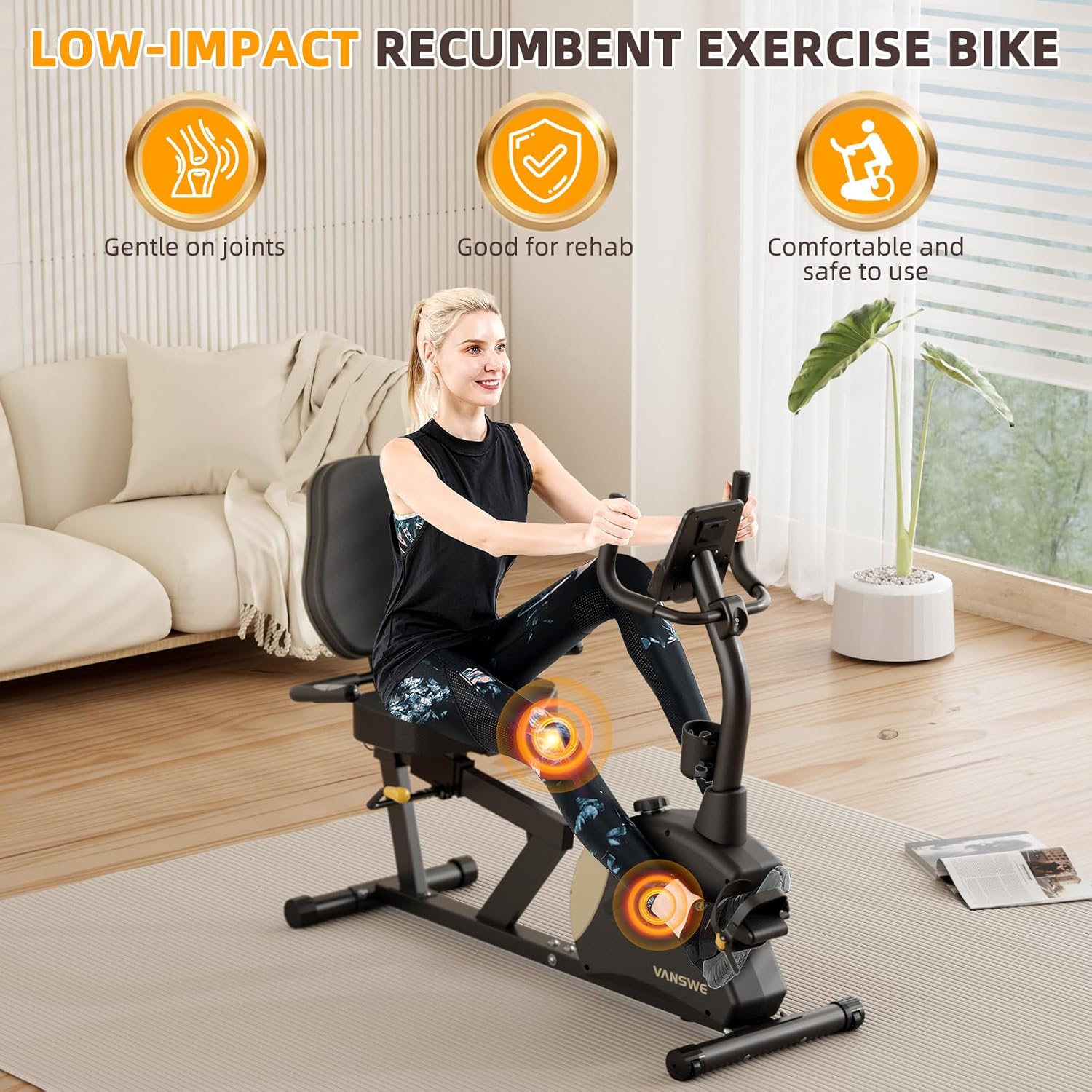 VANSWE Recumbent Exercise Bike, Recumbent Stationary Bikes for Home 400 LBS Weight Capacity, Exercise Bike for Home Seniors with Smart App and Bluetooth Connectivity, LED Display, Pulse Handle - Image 2