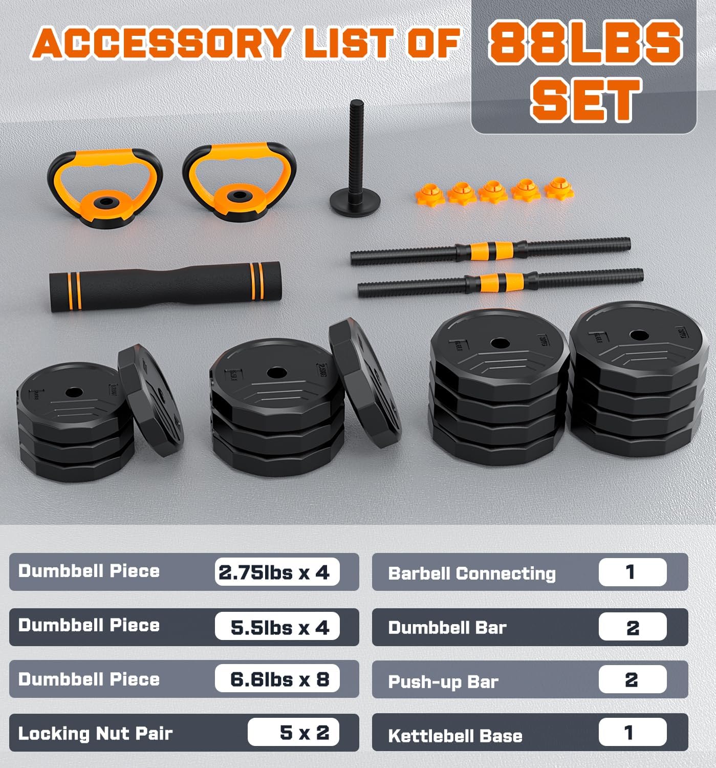 5-in-1 Adjustable Dumbbell Set, 33/44/66/88lbs Free Weights Set with Connector, Used as Kettlebells, Barbell, Push up Stand, Standard 1" Plates, Fitness Exercises for Home Gym Suitable Women/Men - Image 9
