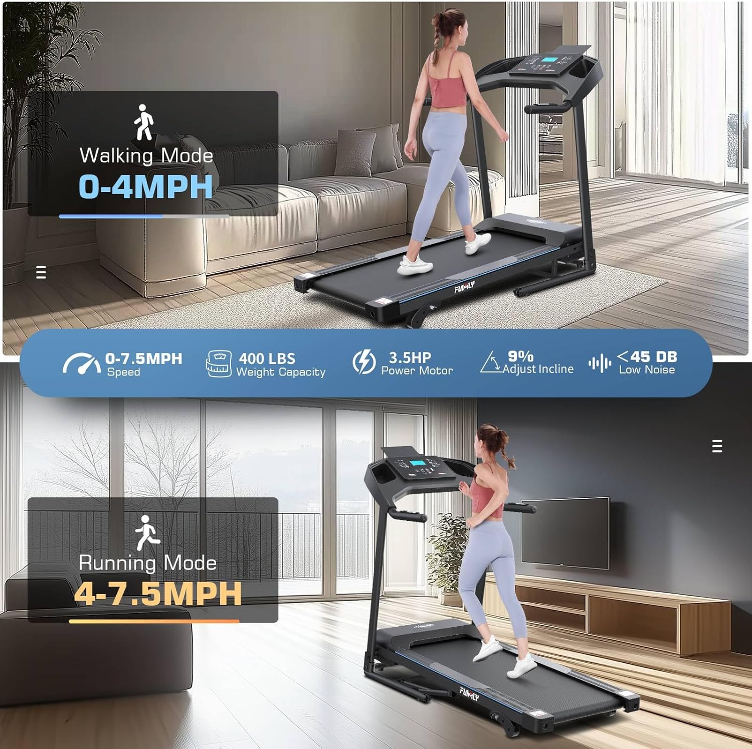 Incline Treadmill Foldable, Smart Portable Treadmills for Home with Body Fat Measurement & Heart Rate Sensor, 3.5HP Heavy Duty Folding Treadmill 400 LB Capacity with Silent Shock Absorption - Image 6