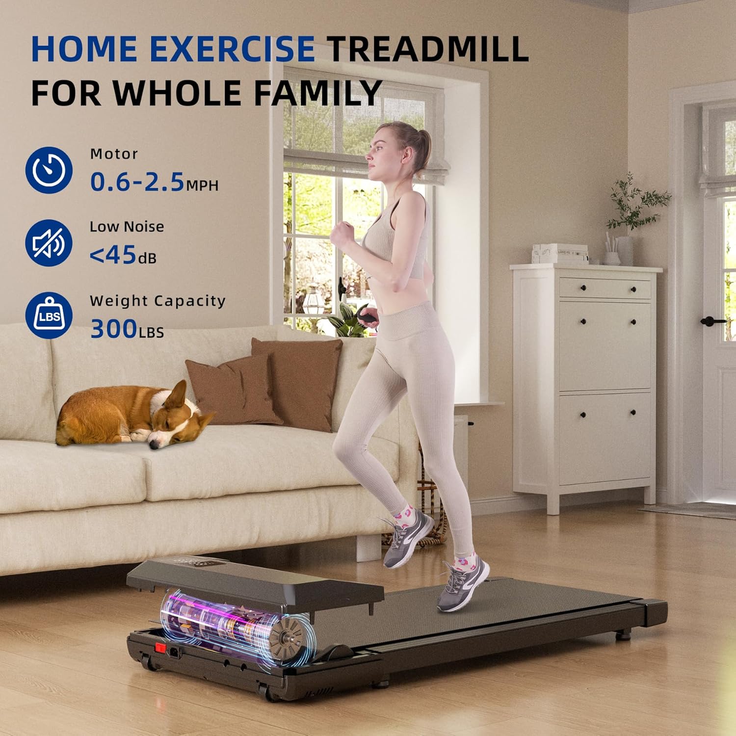 SupeRun Walking Pad, Under Desk Treadmill, 3 in 1 Portable Treadmill with Remote Control LED Display, 2.5 HP Quiet Walking Jogging Machine for Office Home Use, 300 Lbs Capacity - Image 5