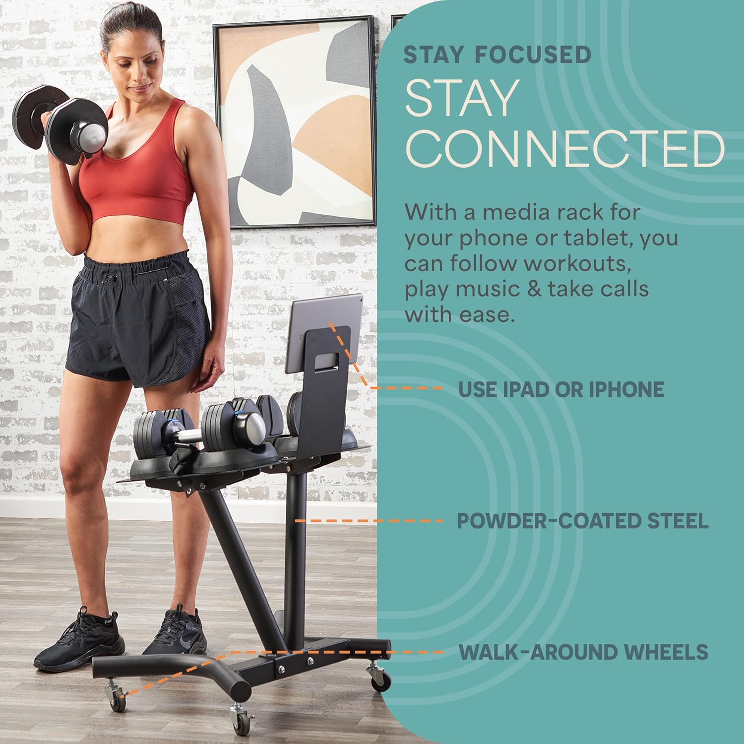 Lifepro Adjustable Dumbbell Stand with Wheels & Phone/Tablet Holder – Compatible with PowerFlow Plus, PowerUp Plus & Other Brands – Smart, Space-Saving Dumbbell Rack for Home Gym - Image 5