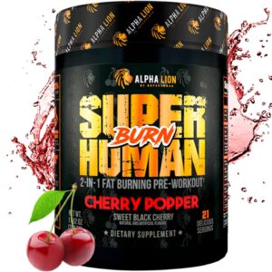 ALPHA LION Superhuman Burn – 2 in 1 Metabolism Booster Pre Workout and Thermogenic Fat Burner for Men – Appetite Suppressant and Weight Loss Supplement (21 Servings, Sweet Black Cherry Flavor)