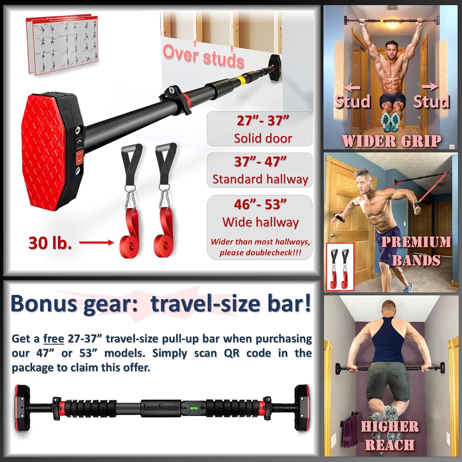 Pull Up Bar for Hallway or Doorway 6-piece Set with Two Attachable Resistance Bands/Handles, Training Manuals, No Screws Chin Up Bar, Max 680lbs, Width options: 27-37", 37-47"; 46-53" - Image 2
