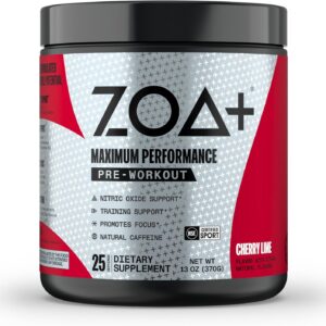 ZOA+ Zero Sugar Pre Workout Powder, Cherry Lime – NSF Certified for Sport with Electrolytes, Creatine, Beta Alanine, Ginkgo Biloba, 200mg Caffeine – 25 Servings