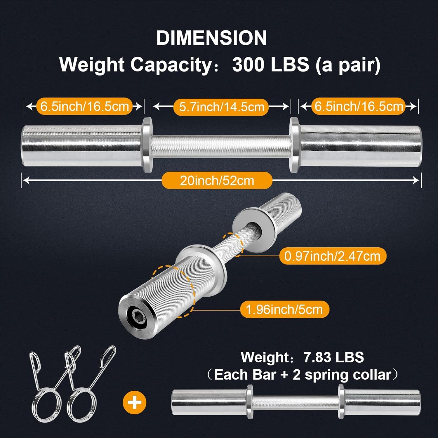 Uboway 16"/20" Olympic Dumbbell Handles: Loadable Dumbbell Bars, Heavy Duty Weightlifting Handles, Compatible with 2" Olympic Weight Plate, Ideal for Home Gym Strength Training, Bonus 4 Spring Collars - Image 3