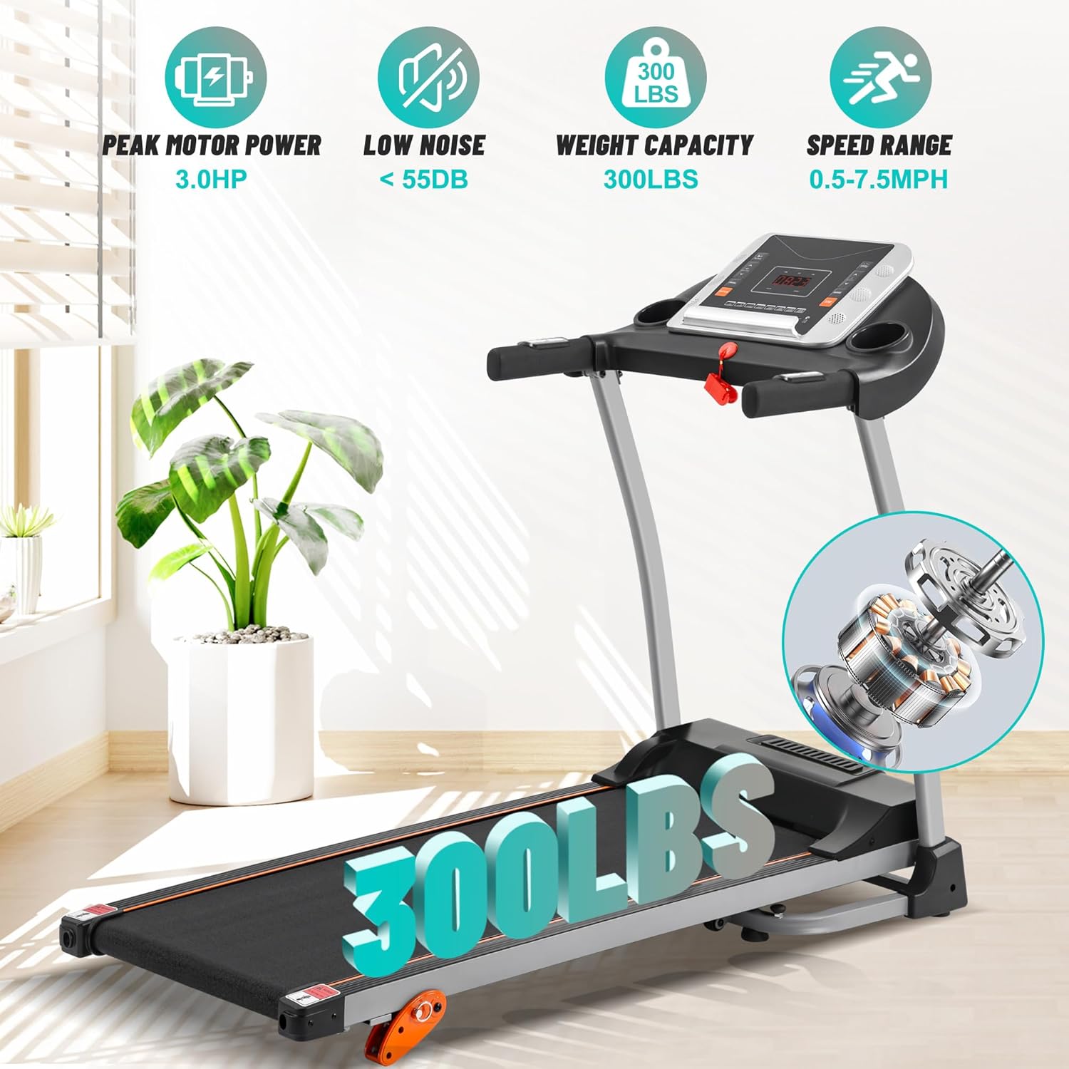 Merax Incline Treadmill with Handle, 3-in-1 Portable Treadmills for Home and Office, Foldable Treadmills with 300 Lbs Weight Capacity, 3.0HP Quiet Walking Treadmill, Quick Speed Button - Image 2