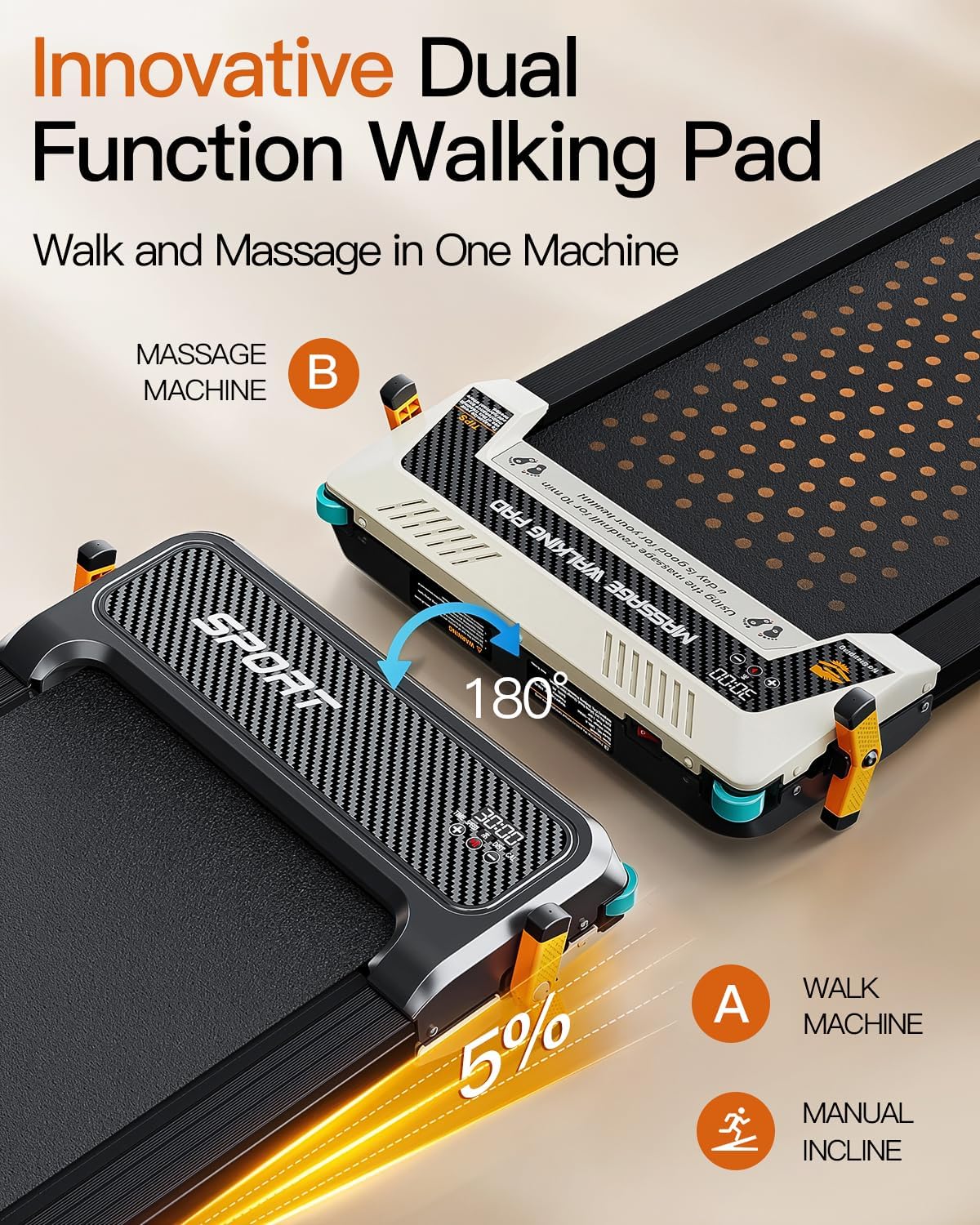 FUNRAY Versatile Walking Pad Treadmill with Incline - Dual-Sided Under Desk Treadmill with Foot Massage,2 in 1 Walking Machine for Home/Office with 330LBS Weight Capacity - Image 2