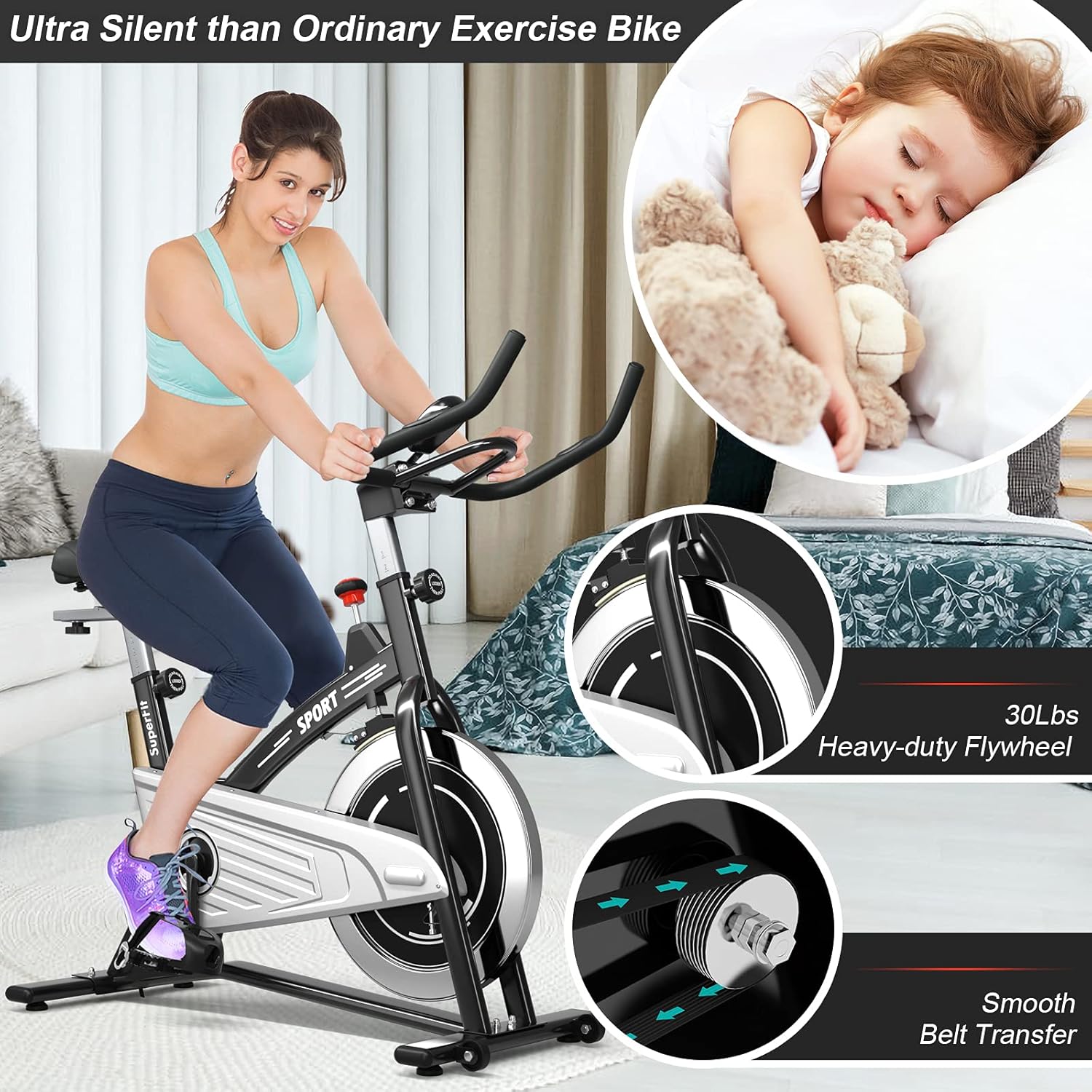 Goplus Indoor Exercise Cycling Bike, 330LBS Capacity Stationary Bike W/ Smooth Belt Drive, Heart Rate, LCD Monitor, Adjustable Comfortable Cushion, Handlebar, Near-silent Cardio Workout Bike for Office Home Gym - Image 4