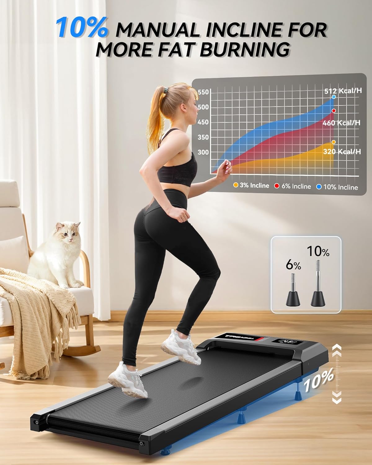 Walking Pad with 10% Incline, Walking Pad Treadmill for Home and Office, Portable Under Desk Treadmills 320/265 lbs Capacity, APP & Remote Control - Image 3