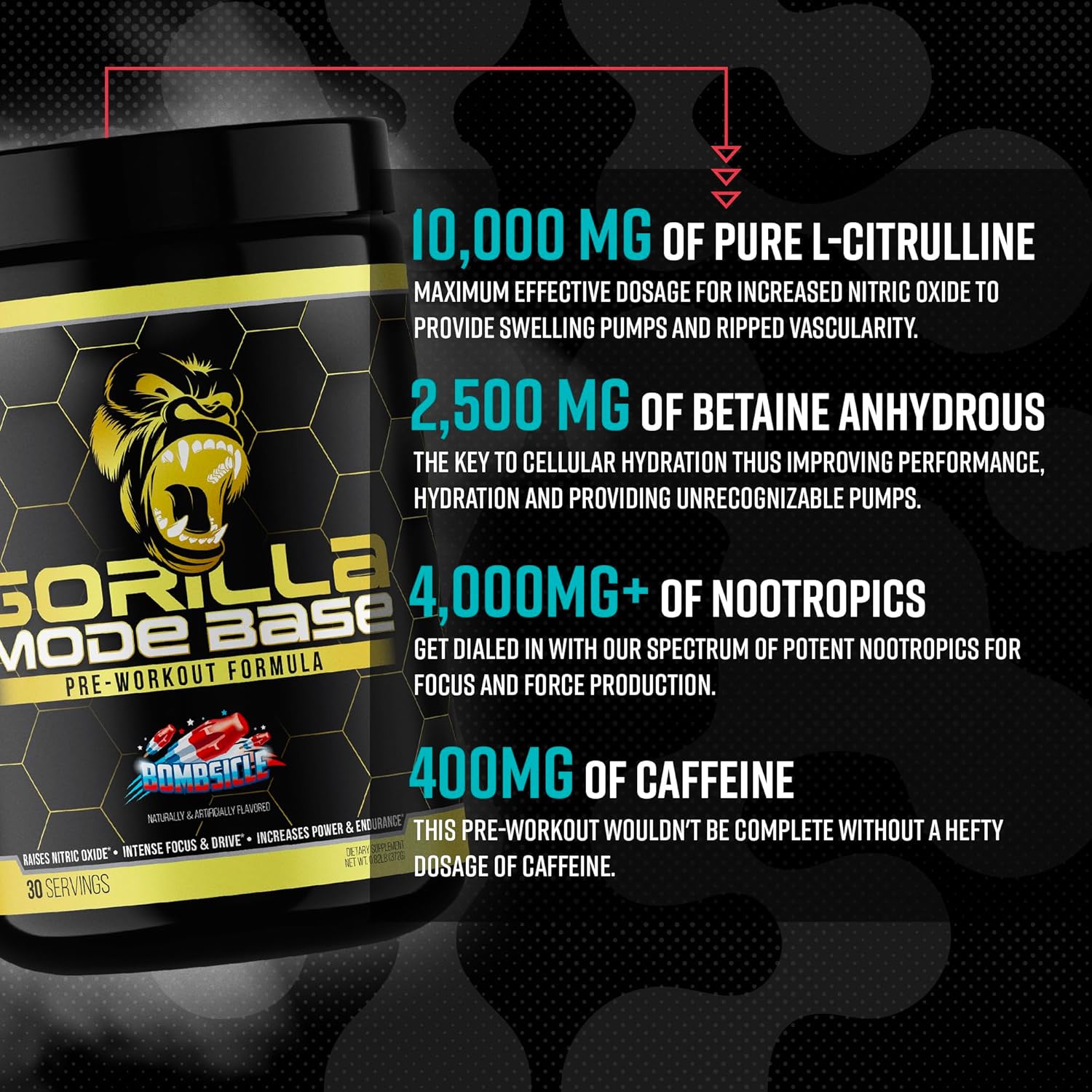 Gorilla Mind Base Pre Workout - Raises Nitric Oxide Intense Focus & Drive Endurance Power - L-Citrulline, L-Tyrosine, Betaine, Alpha-GPC, Caffeine, Huperzine A - 360 Grams (Watermelon) - Image 3
