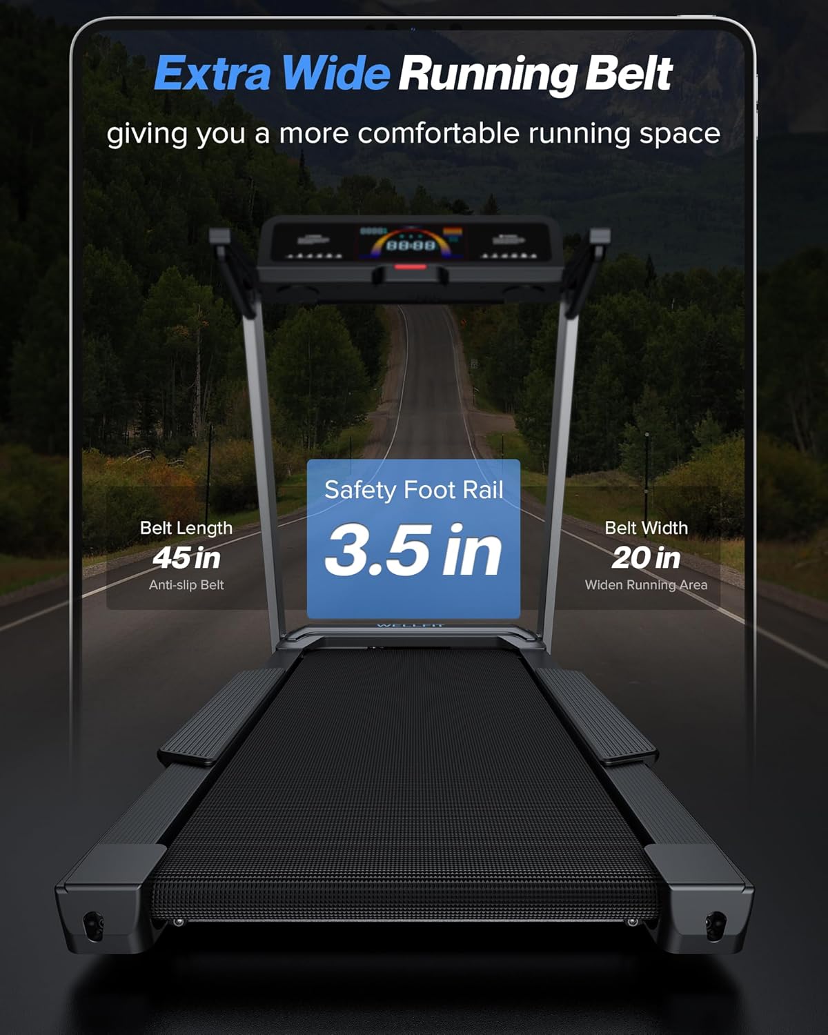 WELLFIT Home Treadmill, 2 Level Incline Heavyduty Treadmill with Pulse Sensor, 4.0 HP, 10 MPH, 450 lbs Capacity, 20'' x 45'' Running Area Treadmills with Bluetooth Player & LED Display - Image 4