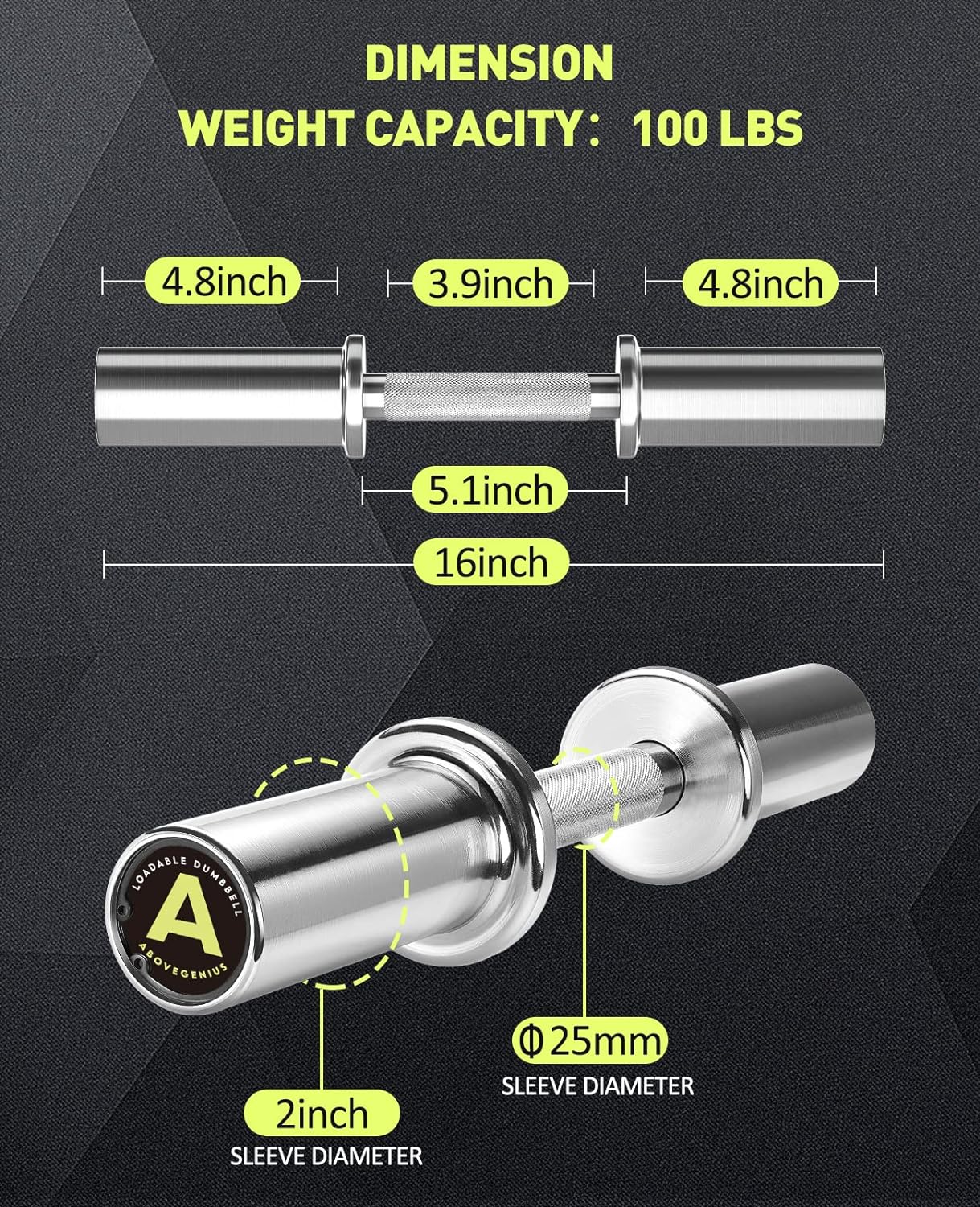 Pair of 16" Olympic Dumbbell Handles, Loadable Dumbbell Bars for 2-inch Olympic Weight Plates Great for Home Gym Strength Training, Weight Bars with 2 Pair of Spring Collars - Image 2