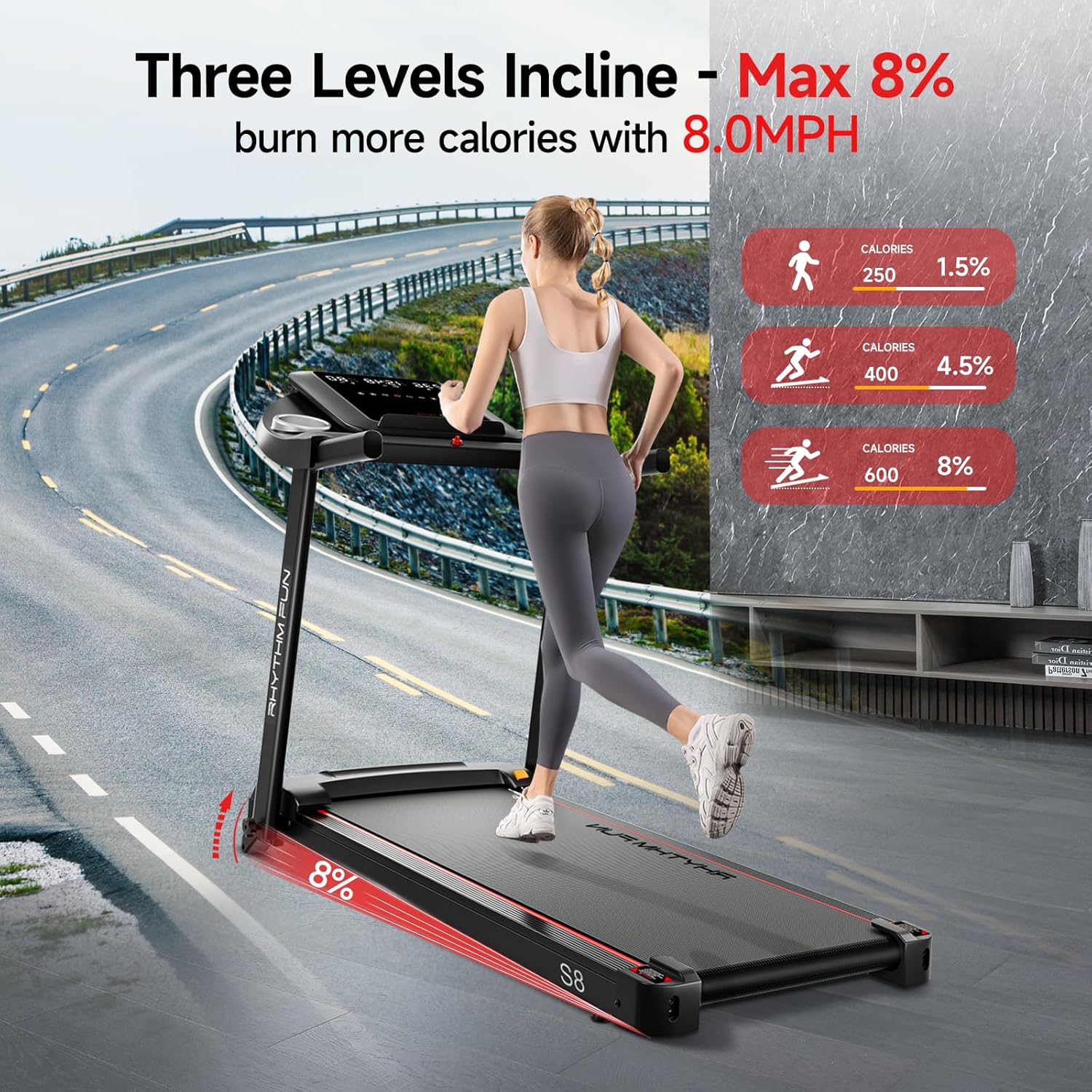 RHYTHM FUN Treadmill with Incline, 8.0 MPH Treadmills for Home with 8% Incline, Foldable Treadmill with Handles, Low Noise Walking Pad for 300 lbs - Image 3