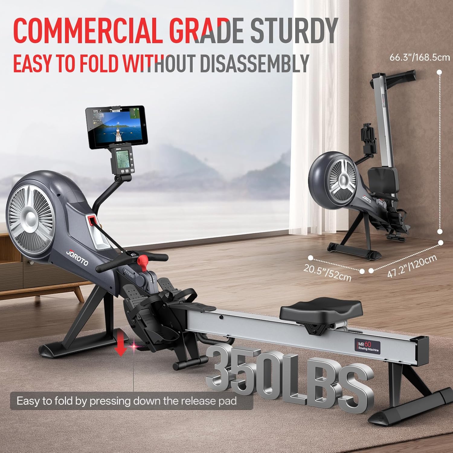 JOROTO Rowing Machine for Home Foldable, Air Magnetic Rowing Machines with 10-Level Adjustable Resistance, Quiet Ergonomic Seat,Bluetooth App, Max 350LBS, Space-Saving Home Gym, Gray - Image 3